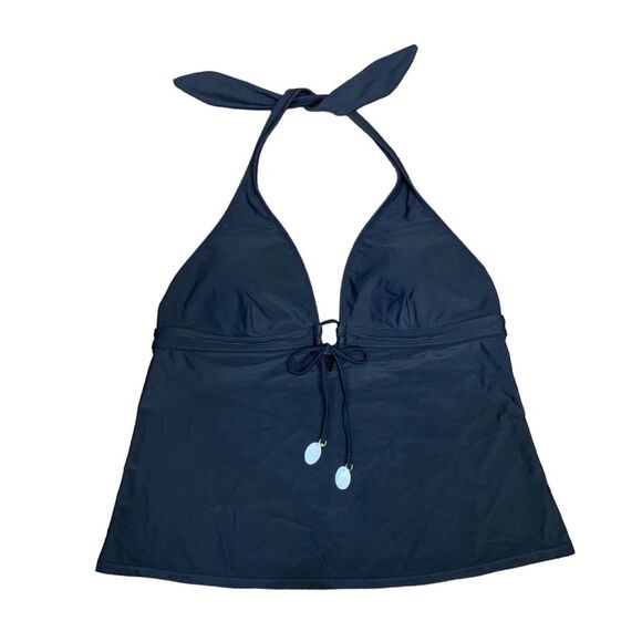 Chaps V-neck Keyhole Halter Tankini Top w/Shell Details Size 16 Fits M/L Black - Picture 1 of 12